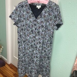 J Jill Large black floral print, tiered mini dress paisley short sleeve vneck